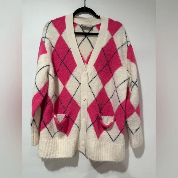 Everlane SuperFuzz Alpaca Cardigan Pink White Argyle Sweater Oversize Medium - Picture 1 of 8
